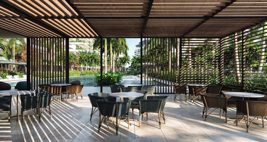 Bar da piscina do RIIO by Piero Lissoni com pergolado de madeira