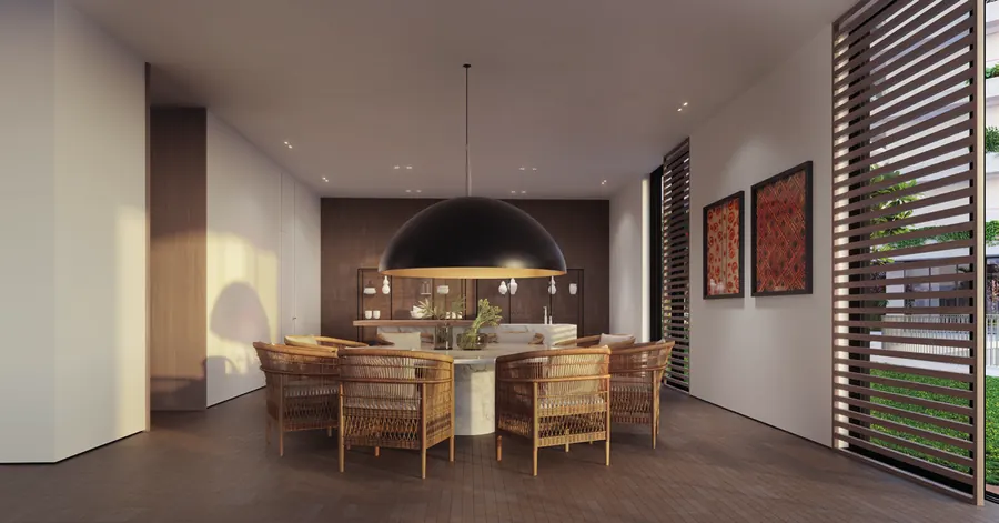 Espaço gourmet do RIIO by Piero Lissoni com mesa de jantar e cozinha