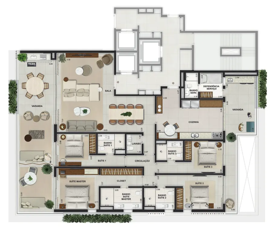 Planta do apartamento de 4 suítes de 262,99 m² do RIIO by Piero Lissoni, nos edifícios Acqua e Luce