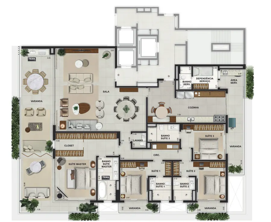 Planta do apartamento de 4 suítes de 319,49 m² do RIIO by Piero Lissoni, nos edifícios Freschezza, Acqua e Alba