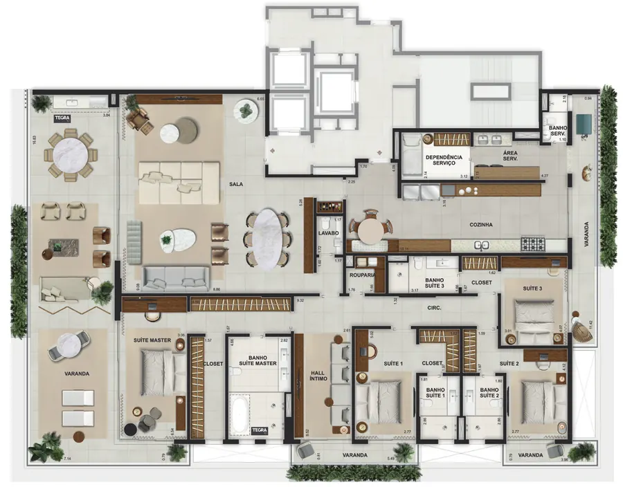 Planta do apartamento de 4 suítes de 411,18 m² do RIIO by Piero Lissoni, nos edifícios Brezza, Aria e Orlo
