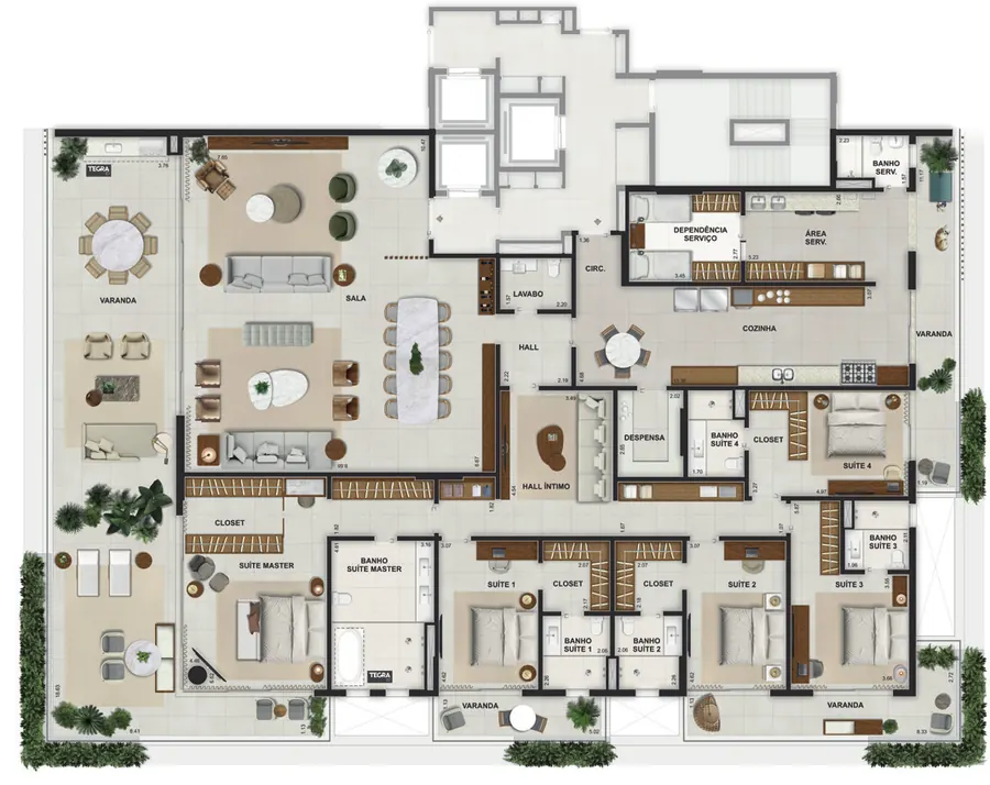 Planta do apartamento de 5 suítes de 506,81 m² do RIIO by Piero Lissoni, nos edifícios Sole e Mare