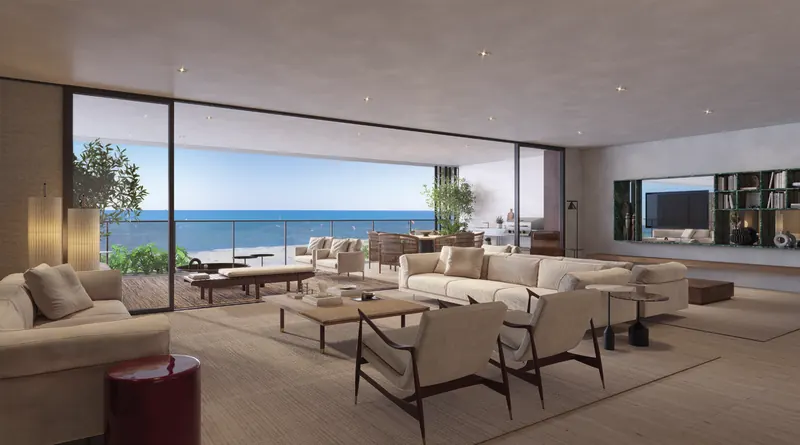 Sala de estar decorada do RIIO by Piero Lissoni com grandes janelas para o mar