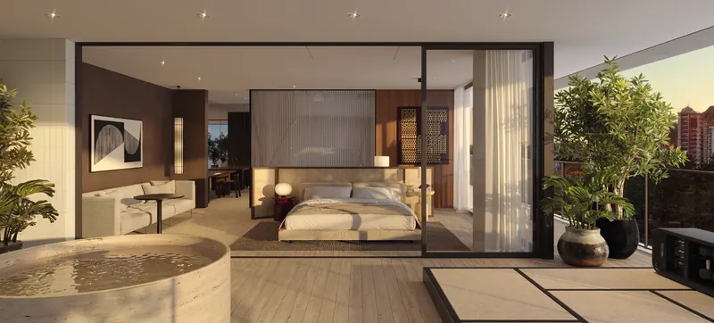 Suíte master do RIIO by Piero Lissoni com banheira e vista para a praia