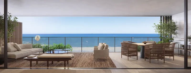 Varanda frente-mar de um apartamento do Ed. Mare no RIIO by Piero Lissoni, com vista para o oceano